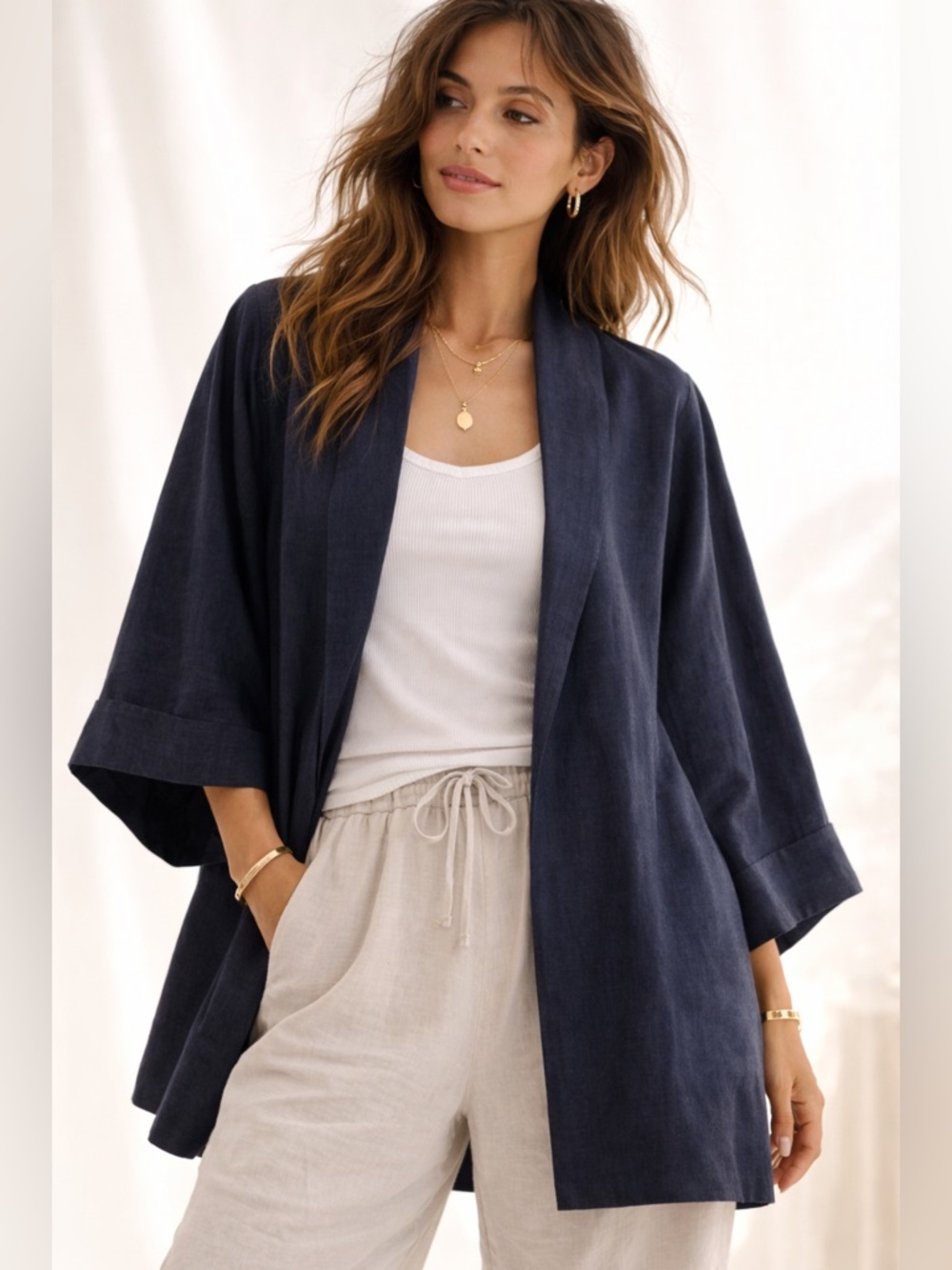 Tahari Linen Kimono Blazer Cardigan Quiet Luxury Minimalist Pockets Sz 2X